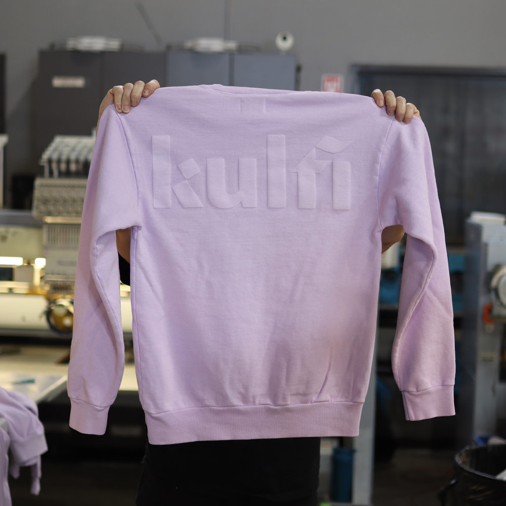 Tonal puff print on lavender crewnecks