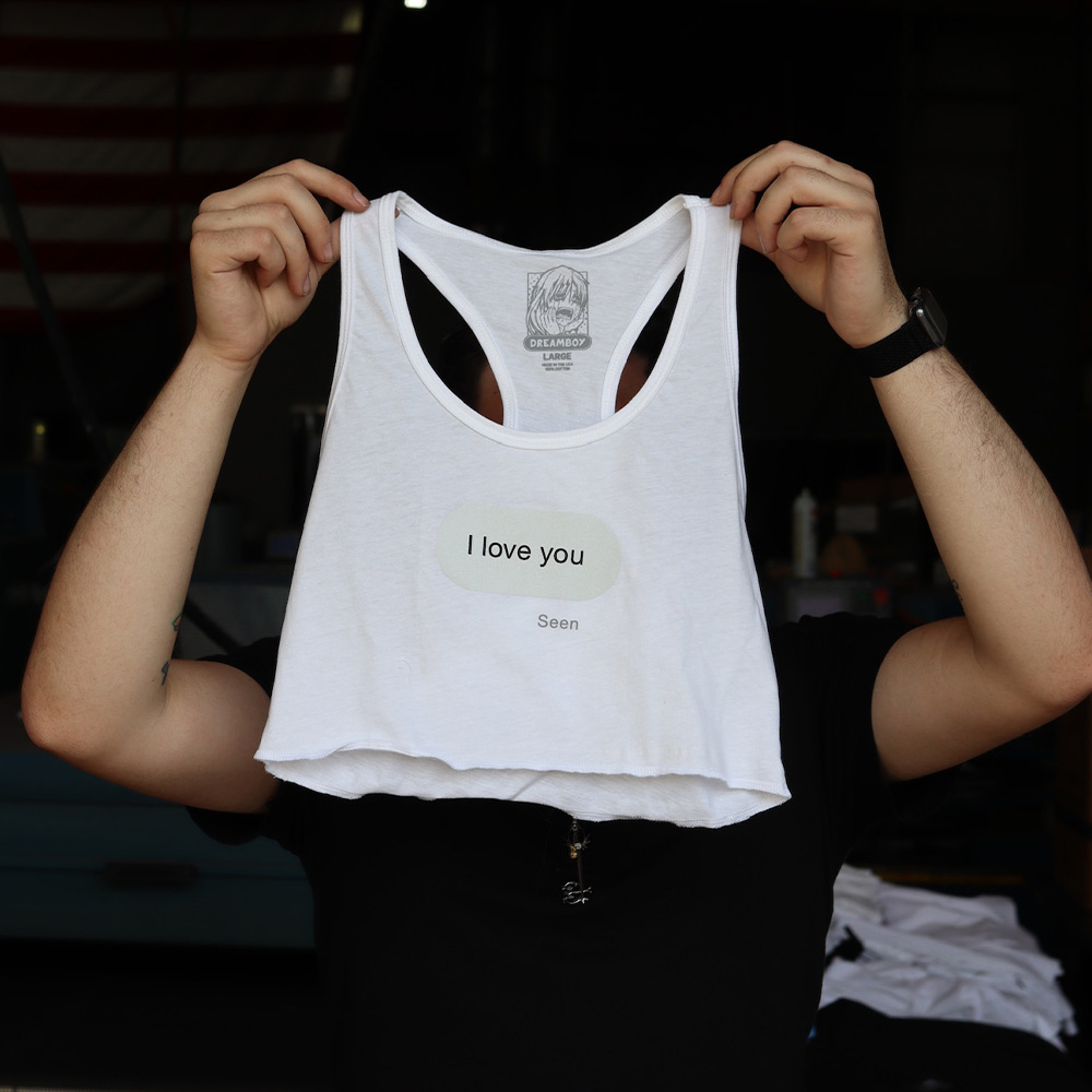 This is a screen print design "I LOVE YOU" on custom cropped tank tops