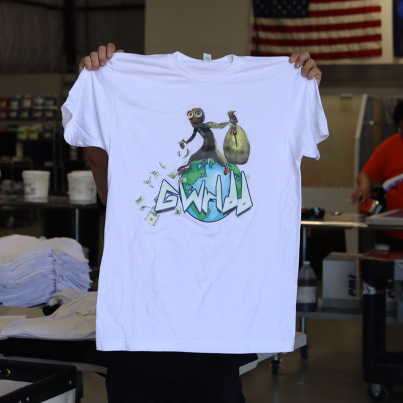 This is a photo of digital squeegee printing for G world clothing on white Bella + Canvas t-shirts style 3001 of the front angle