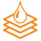 Orange water droplet icon above layered sheet symbols, indicating absorbency or waterproofing.