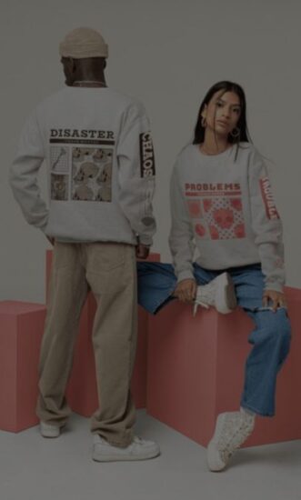 Two models posing for brands in casual streetwear with graphic text on their clothing.