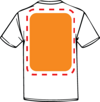 A graphic of a white t-shirt with a large orange rectangle on the front framed by a dashed red line.