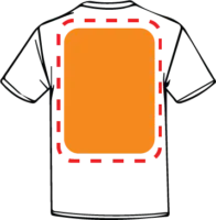 A graphic of a white t-shirt with a large orange rectangle on the front framed by a dashed red line.