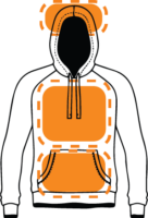 Illustration of an orange hoodie with a front pocket and drawstrings, featuring a black inner lining and a hat, viewed from the front.