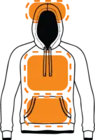Illustration of an orange hoodie with a front pocket and drawstrings, featuring a black inner lining and a hat, viewed from the front.