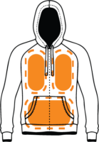 Illustration of a hooded sweatshirt with highlighted padding areas on the chest, abdomen, and lower sides, showcasing custom hoodie printing options.