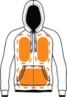 Illustration of a hooded sweatshirt with highlighted padding areas on the chest, abdomen, and lower sides, showcasing custom hoodie printing options.