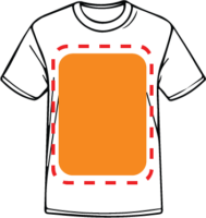 White t-shirt with a large orange rectangle design on the front, outlined by a dashed red line.