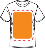 White t-shirt with a large orange rectangle design on the front, outlined by a dashed red line.