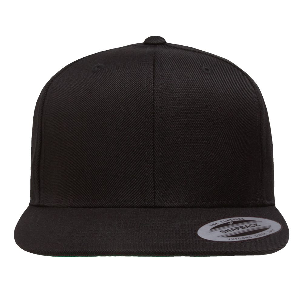 Favorite black snapback cap with a flat brim and a sticker on the bill, displayed against a white background.