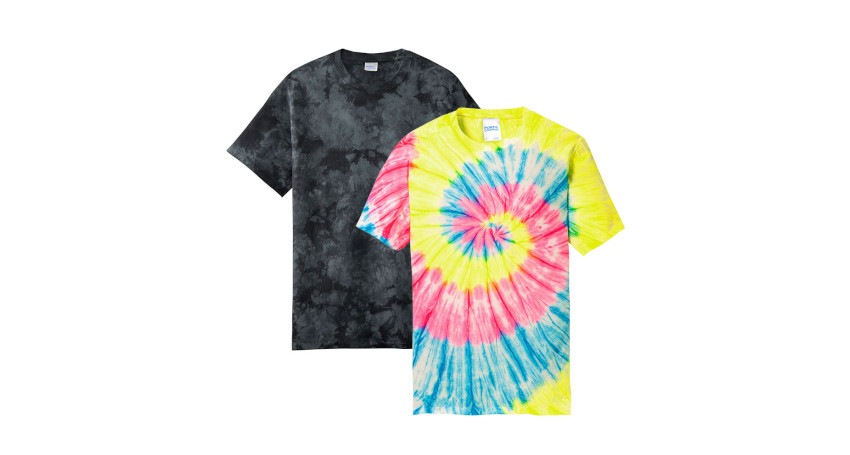 Discovering Types of Print: Two t-shirts on a white background; one black with a grey tie-dye pattern and one with a vibrant, multicolored tie-dye design.