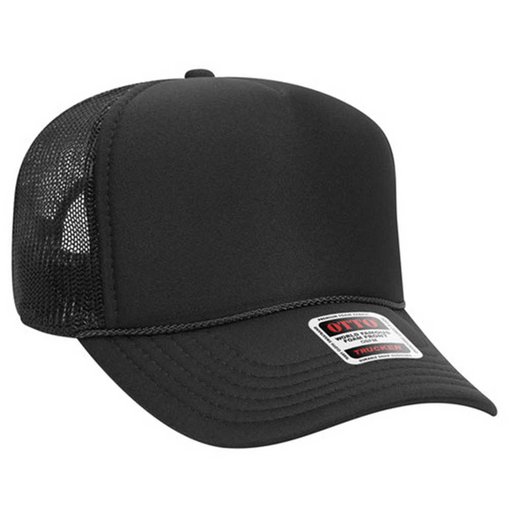 A black mesh trucker cap with a curved bill and a labeled sticker on the front, proudly displaying "Otto" and other text – a perfect addition to your Favorite Products Showcase.