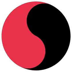 A circular symbol divided into two halves with a red curved section on the left and a black curved section on the right.