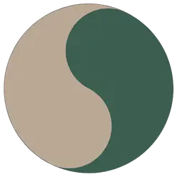 A circular design divided into two teardrop shapes, one beige and one dark green, resembling a yin-yang symbol.