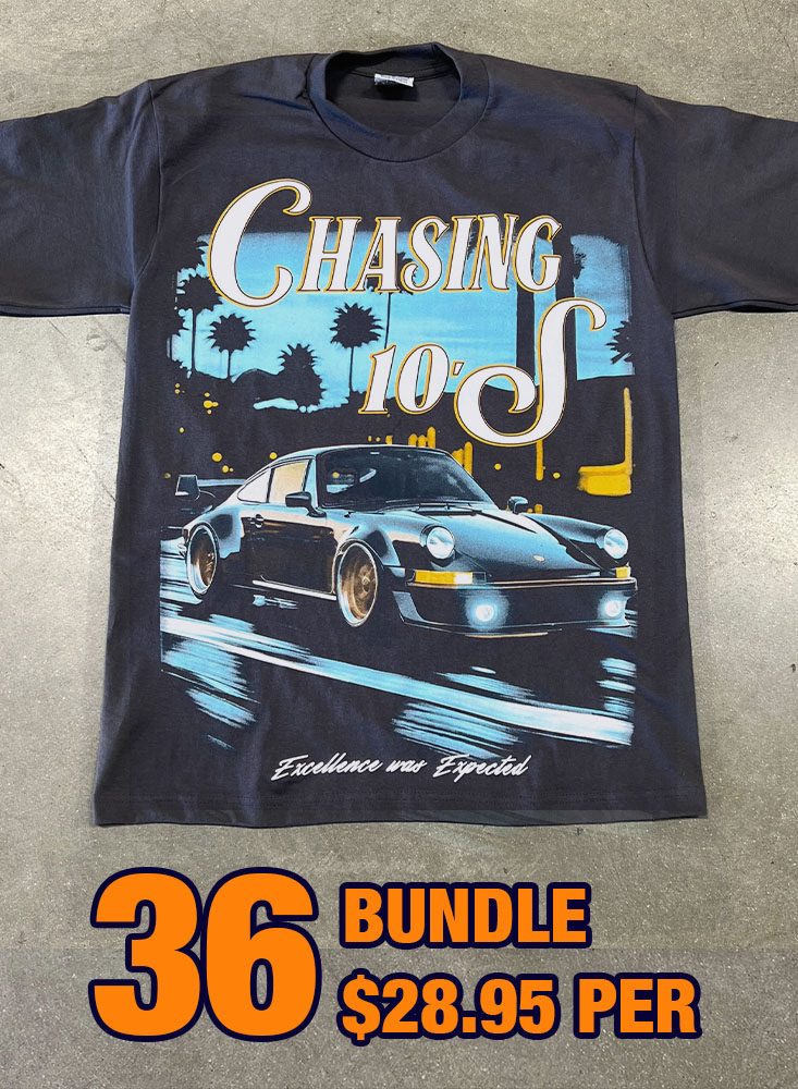 Black t-shirt with a picture of a car and the text: "Chasing 10's, Excellence von Spezial." The shirt is advertised as part of a 36-bundle deal for $28.95 each. Product Name: 36 Custom Streetwear T-Shirts – Heavyweight Garment-Dyed Cotton