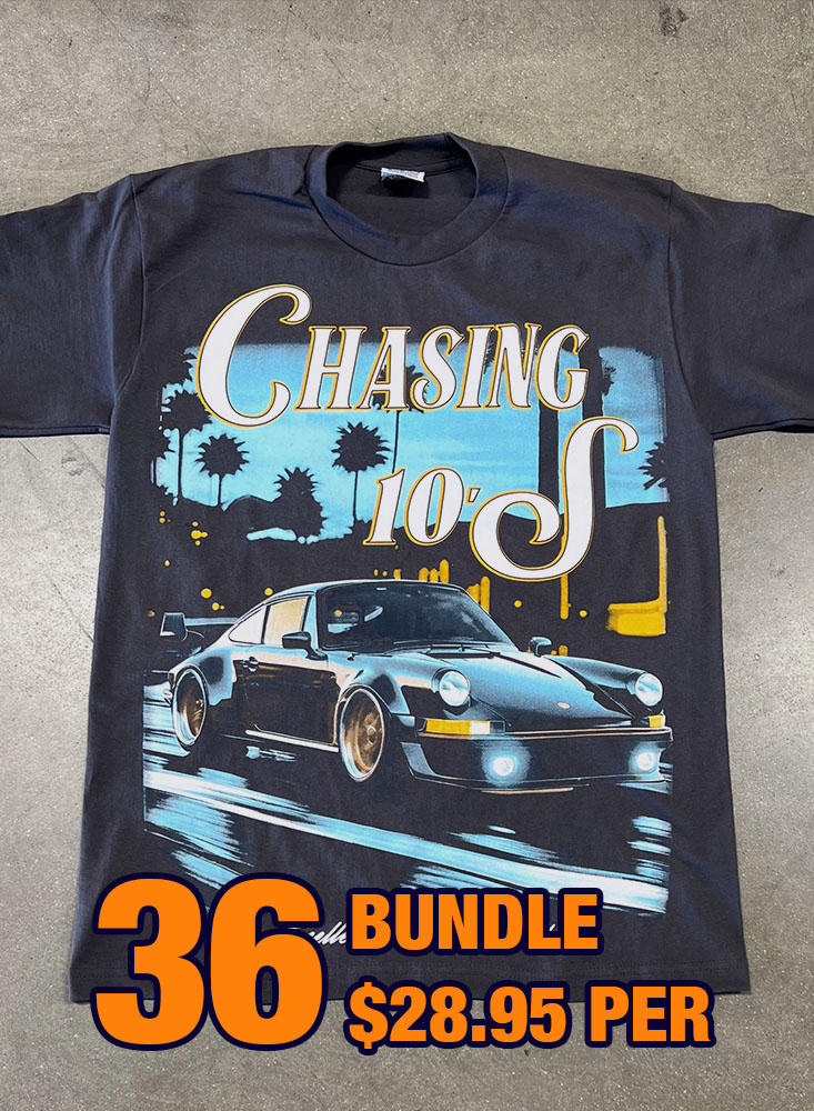 Black T-shirt featuring a night scene with a car and palm trees, text "CHASING 10-S" above. Overlay text at bottom reads "36 Custom Streetwear T-Shirts – Heavyweight Garment-Dyed Cotton $28.95 PER".