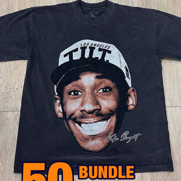 36 Custom Streetwear T-Shirts – Heavyweight Garment-Dyed Cotton featuring a large smiling face wearing a cap with "Los Angeles" on it. Text at bottom reads "50 BUNDLE $22.95 PER".