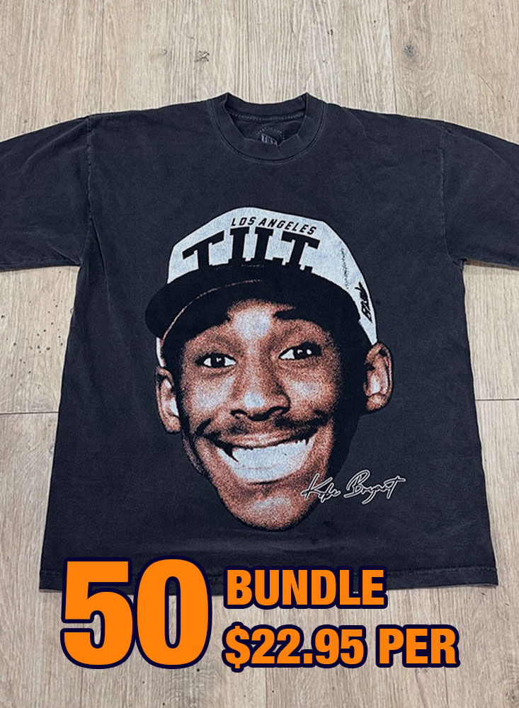 36 Custom Streetwear T-Shirts – Heavyweight Garment-Dyed Cotton featuring a large smiling face wearing a cap with "Los Angeles" on it. Text at bottom reads "50 BUNDLE $22.95 PER".