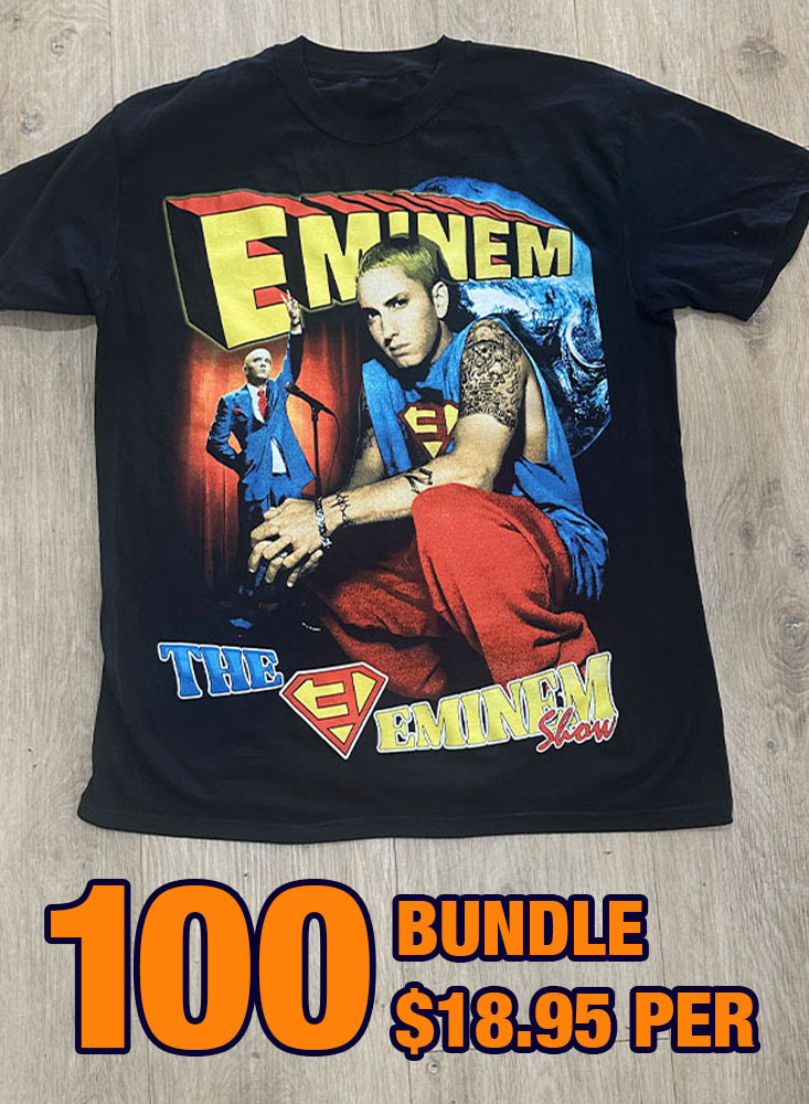 36 Custom Streetwear T-Shirts – Heavyweight Garment-Dyed Cotton featuring a retro-style design with a man in a Superman costume and another man in blue suit. Text: "EMINEM," "The Eminem Show." Header: "100 BUNDLE $18.95 PER.