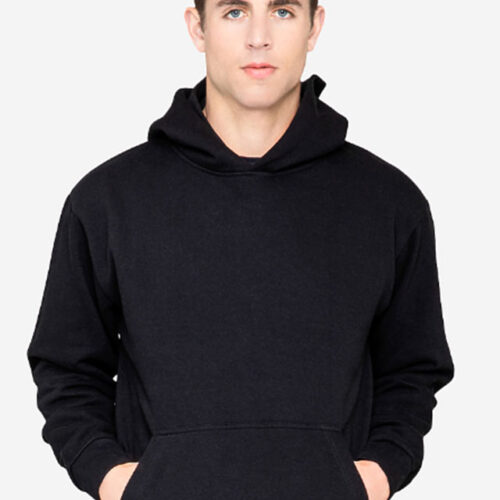 A person with short brown hair is wearing a black hoodie with hands in the front pocket, standing against a plain white background, showing off the quality of custom hoodie printing.