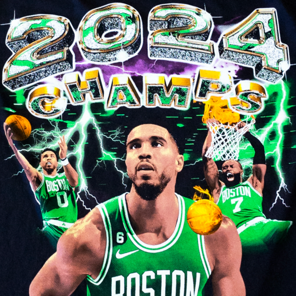 This is a photo of a Los Angeles Apparel black t-shirt style 1801GD with a jumbo screen printed 8 color design about the Boston Celtics winning the 2024 NBA Championship.