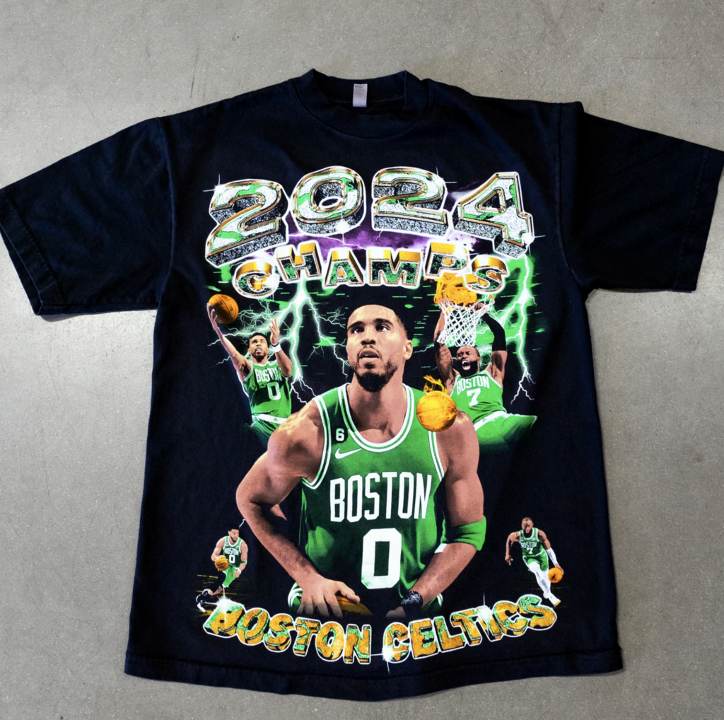 This is a flat photo of the front view of Los Angeles Apparel 1801GD 6.5oz Garment Dye Crew Neck T-Shirt with a jumbo screen printed 8 color design of Boston Celtics winning the 2024 NBA Championship printed by Garment Decor