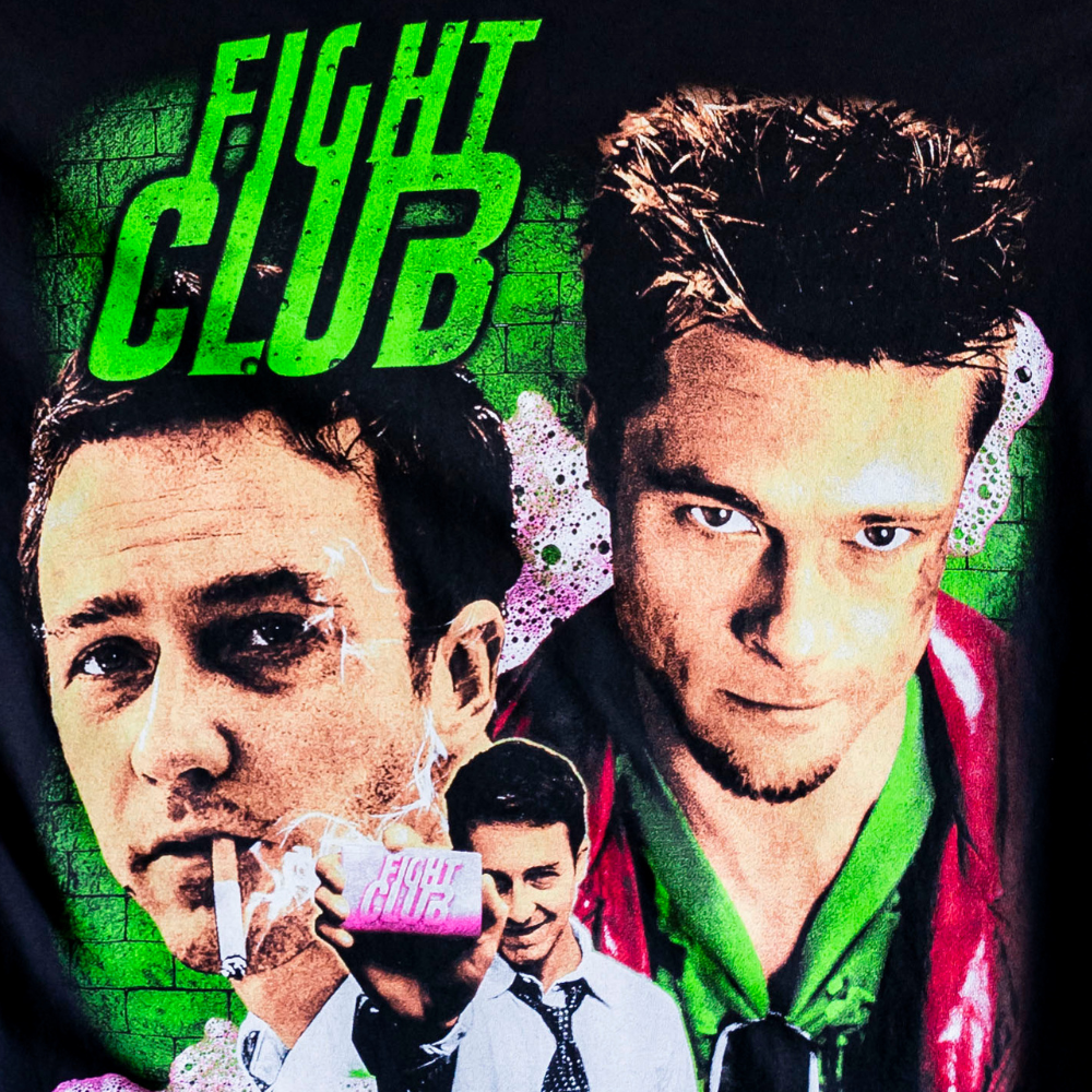 This is a photo of a Los Angeles Apparel style 1801GD black t-shirt with a jumbo screen printed design of the Fight Club on the front and back.