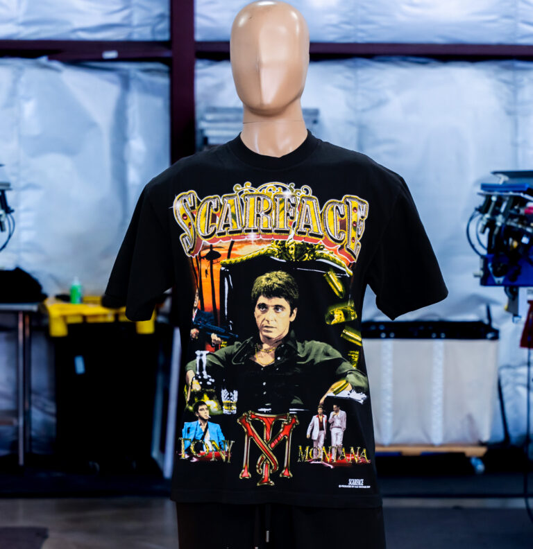 Black T-shirt with jumbo screen print of Tony Montana from the movie Scarface