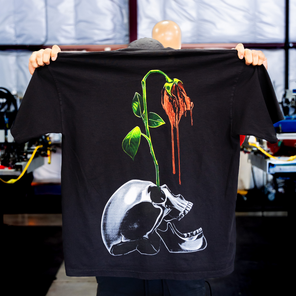 This is a Los Angeles Apparel style 1801GD t-shirt in black with a jumbo 4 color screen print.