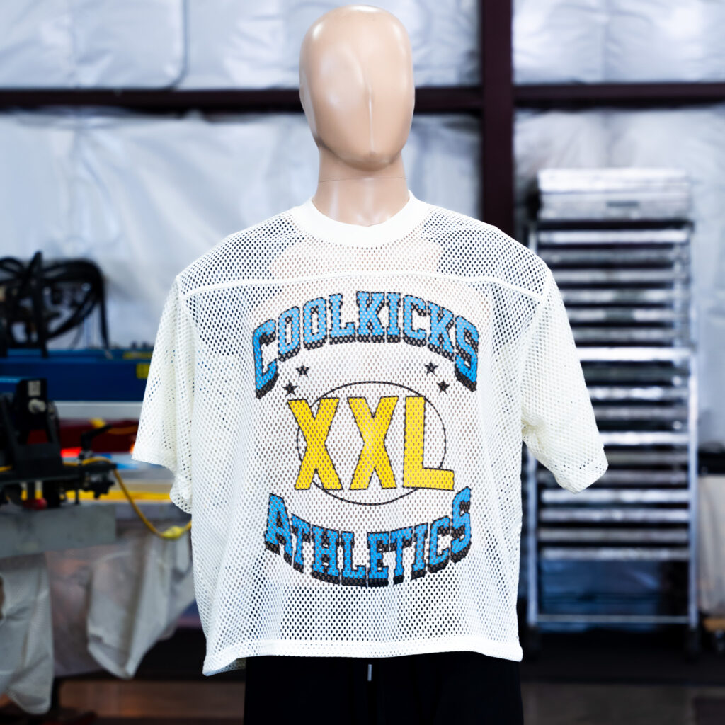 A mannequin wearing the custom white A4 N4190 Football Jerseys for Cool Kicks Clothing featuring a three color custom screen print front view