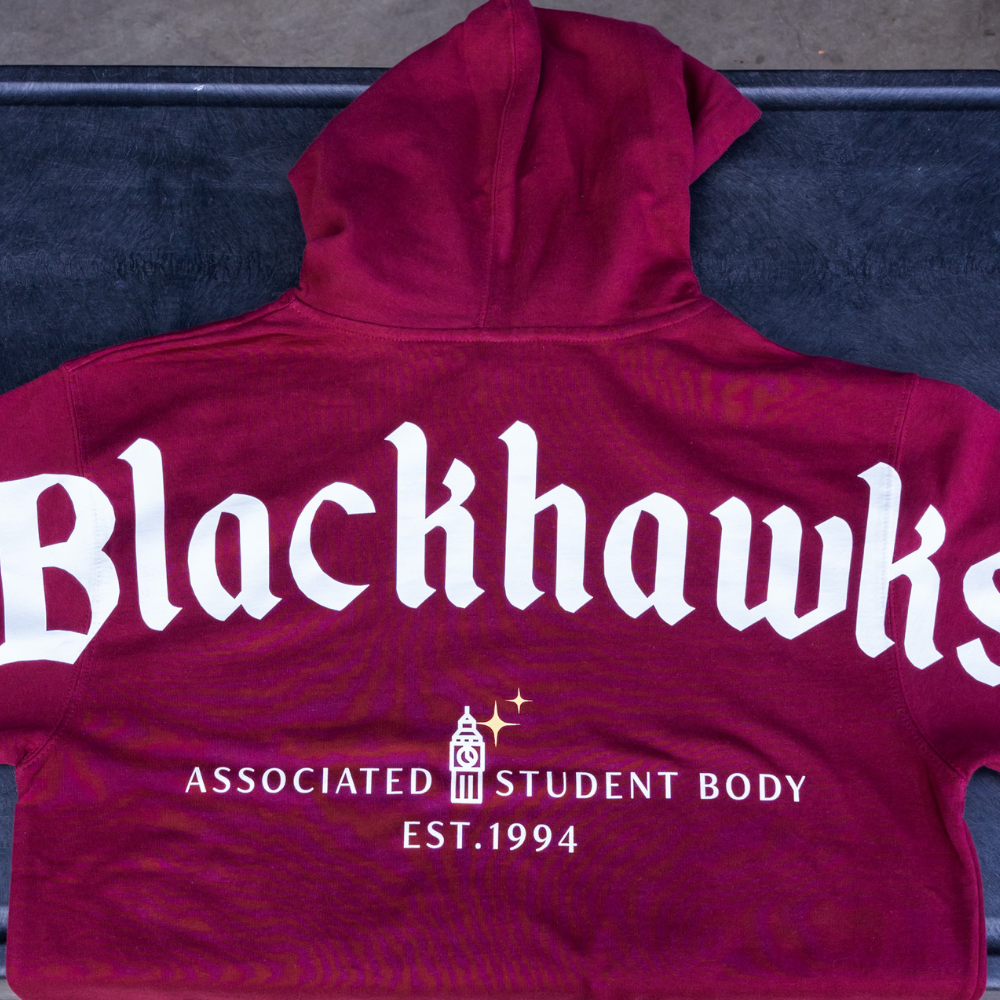 Maroon Independent SS4500 hoodie with a jumbo screen print design for La Quinta Blackhawks by Garment Decor