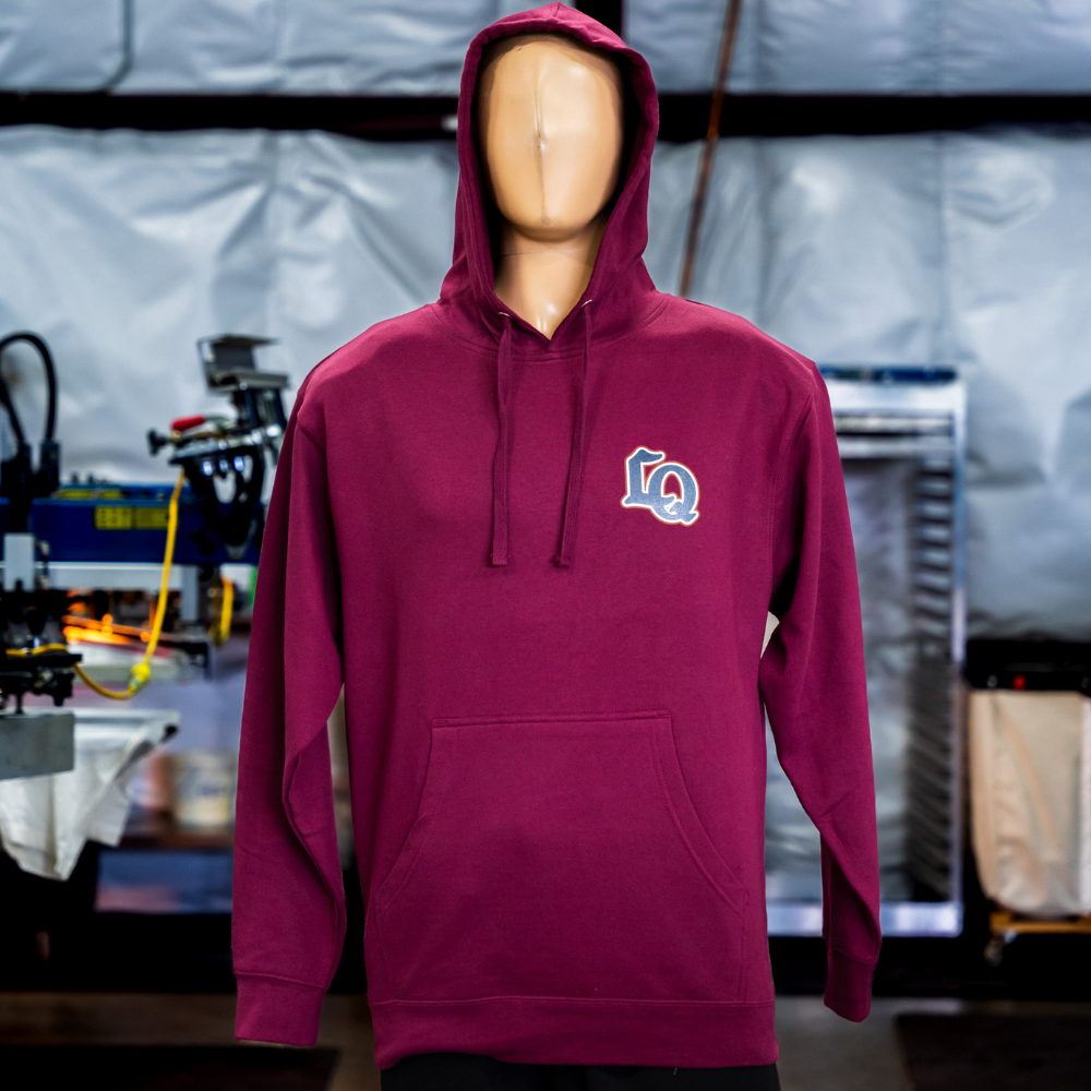 Maroon hoodie with left chest screen print design for La Quinta Blackhawks by Garment Decor.