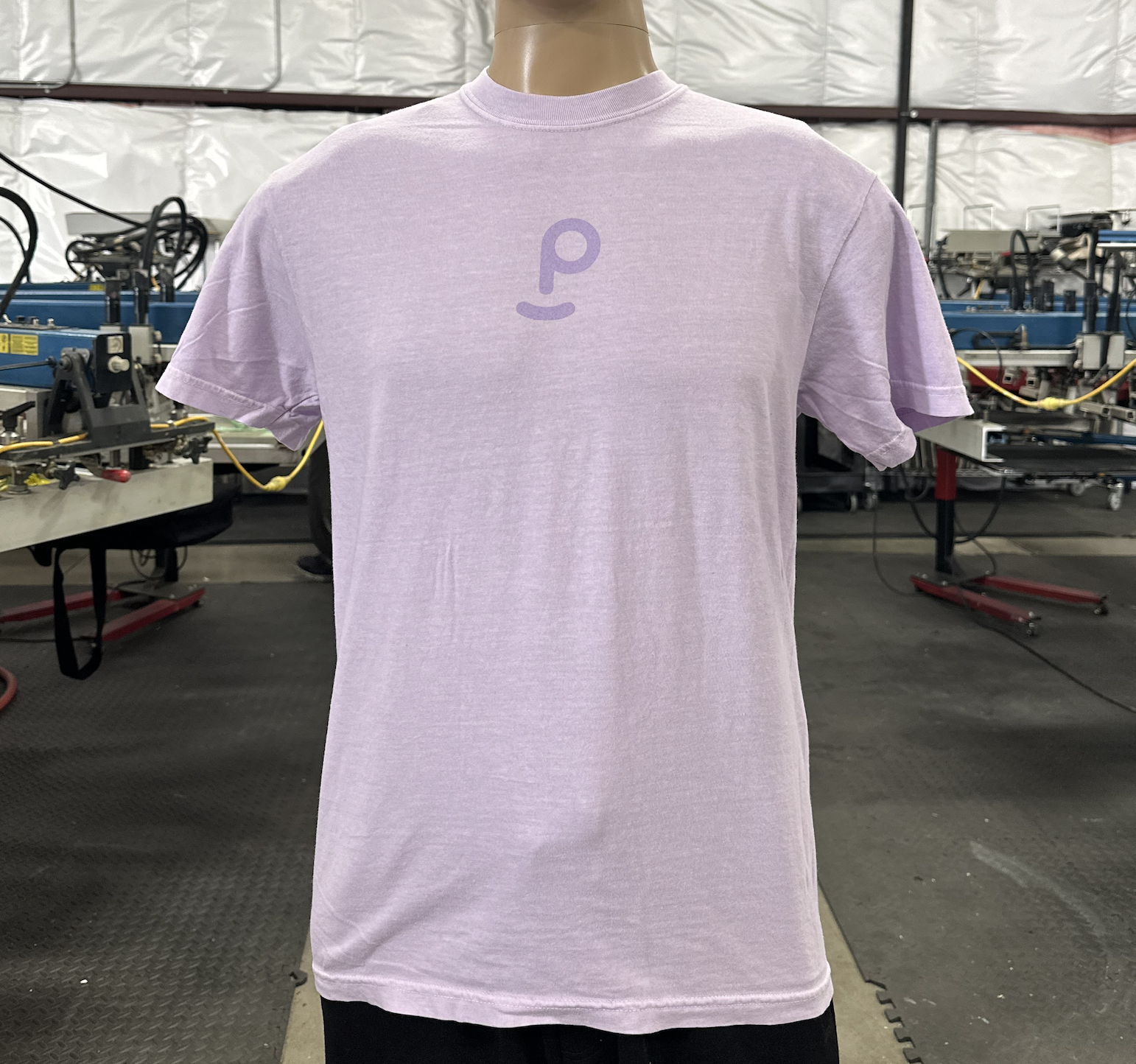 Custom tonal screen printing lavender ink on lavender t-shirt