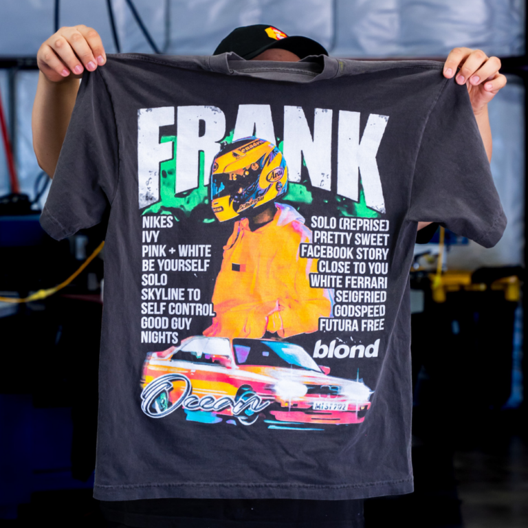 Custom jumbo 8 color screen printing on Los Angeles Apparel 1801GD black t-shirts for the artist Frank Ocean.