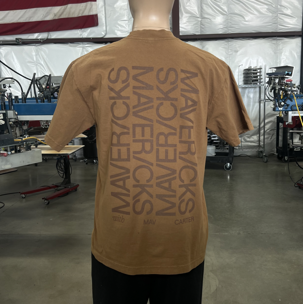 Custom tonal screen printing brown ink on chocolate t-shirt