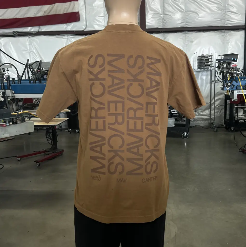 Custom tonal screen printing brown ink on chocolate t-shirt back view