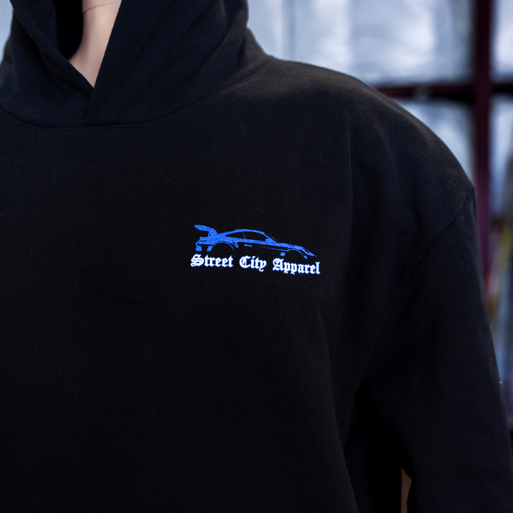 Black Independent Trading Style IND420XD hoodie with custom street city artwork screen printed by Garment Decor