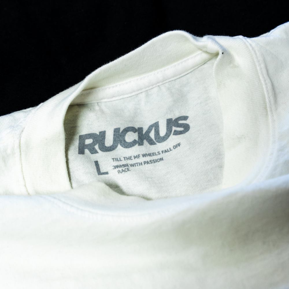 Close-up of the neck label on an 1801GD LA Apparel Tee with custom digital squeegee printing.