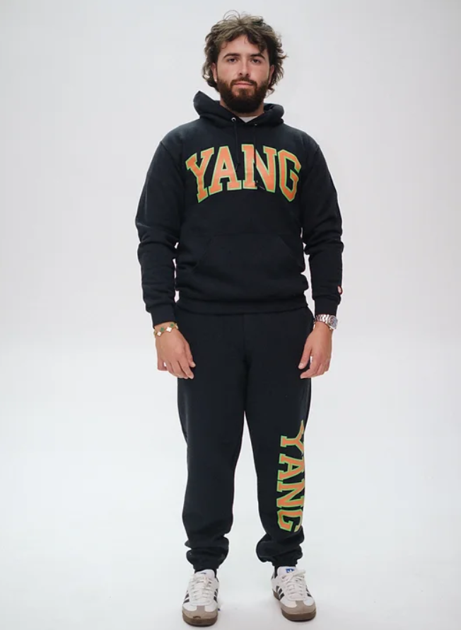 Lane Seven LS14001 Premium Pullover Hoodie and LS16006 Urban Sweatpants in black with custom Yang design, front view by Garment Decor